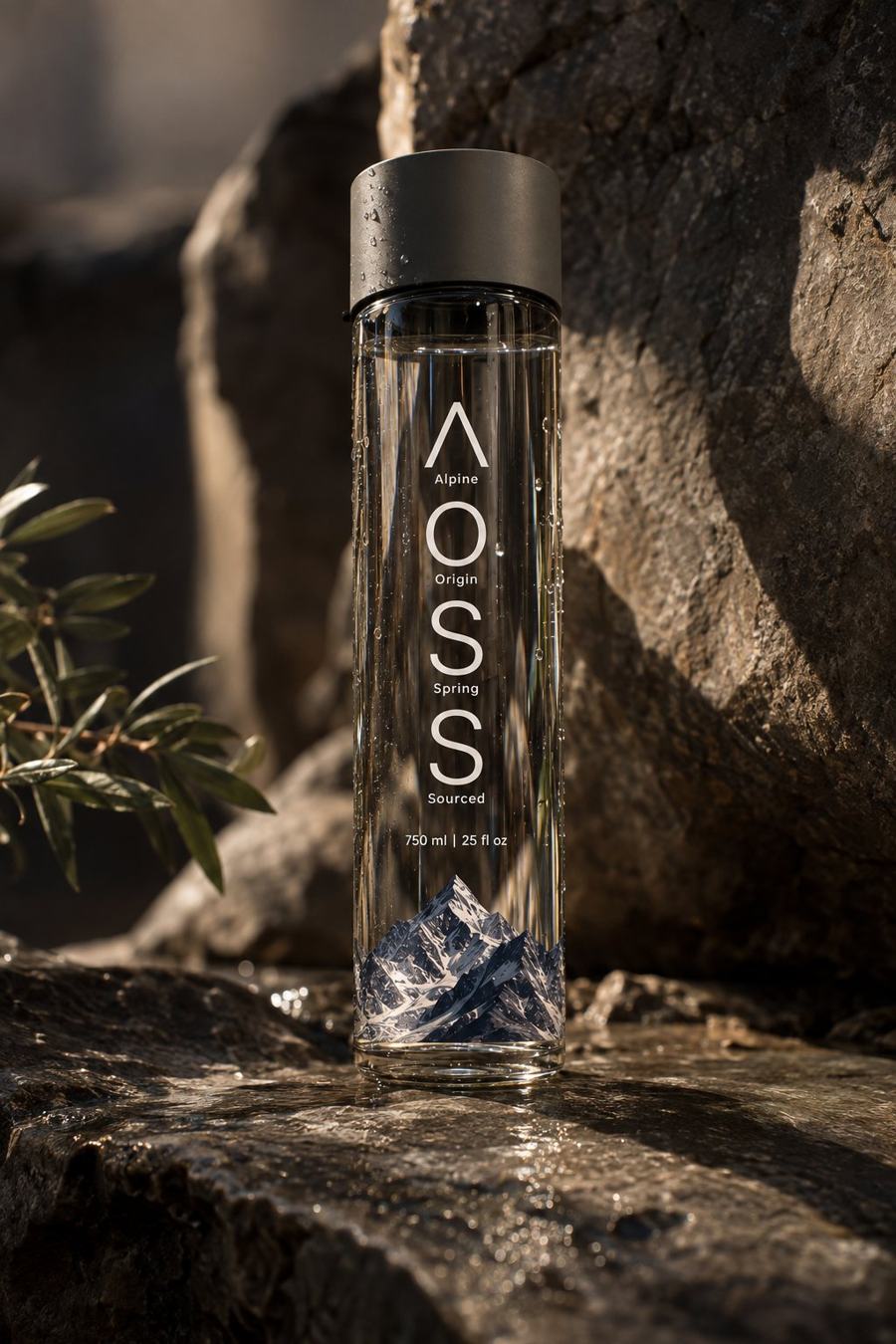 AOSS 750 ml glass bottle with a dark cap on a wet rock in low sunlight