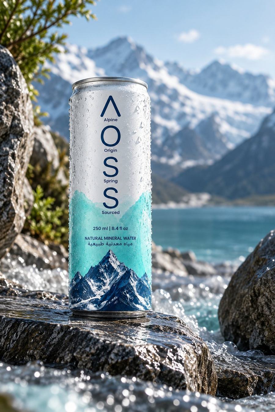 An AOSS can on a boulder in front of a glacial lake and snow mountains