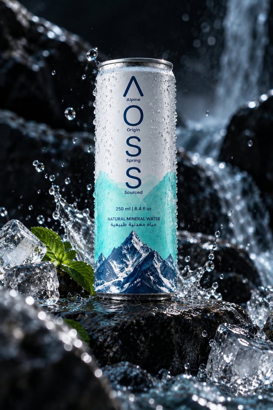 An AOSS can among dark wet rocks with a waterfall behind