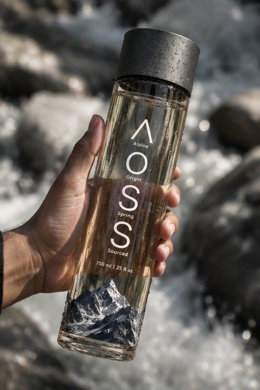 A hand holding an AOSS bottle above a mountain stream