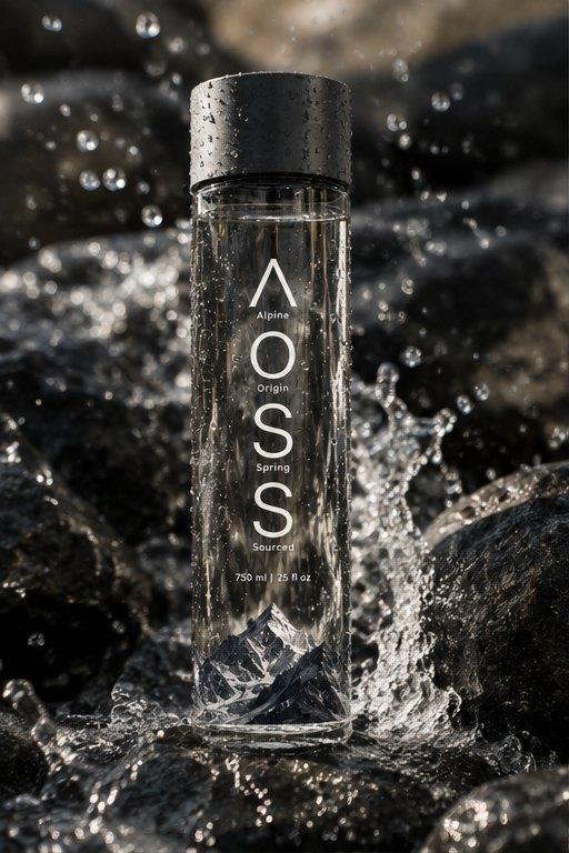 An AOSS glass bottle in a splash of water