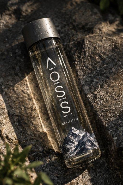 An AOSS glass bottle resting on sunlit granite