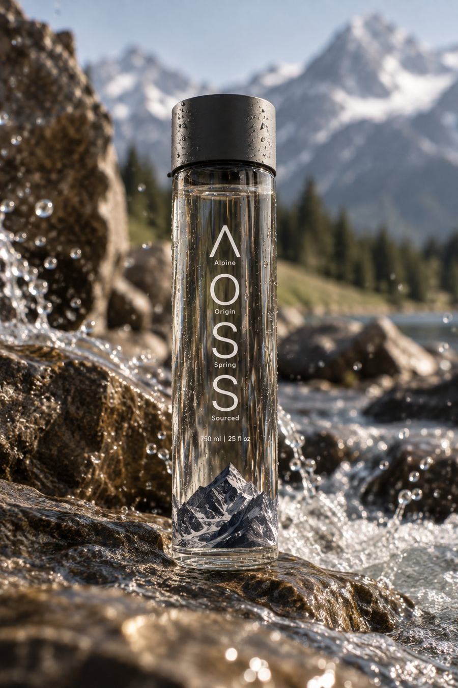 An AOSS glass bottle standing on a wet rock beside a mountain stream, snow peaks behind